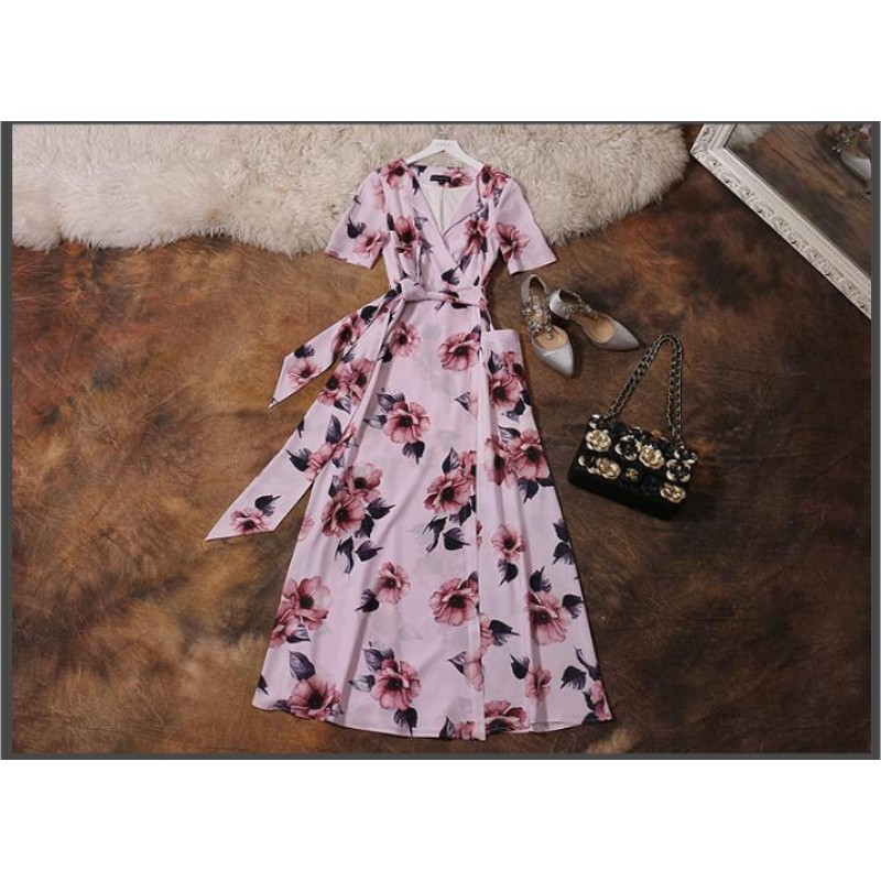 Soft Chiffon Party Dresses Pink V-neck Long Women Summer Dress